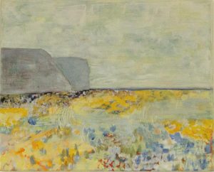 paysage semi-abstrait rocks gris et mer de fleurs dans les tons de jaune et bleu. ciel brumeux