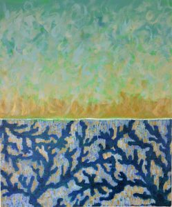 paysage abstrait composé de 2 parties: partie basse dans les tons bleu canard composée comme un corail, partie haute bleu ciel vaporeux légèrement doré