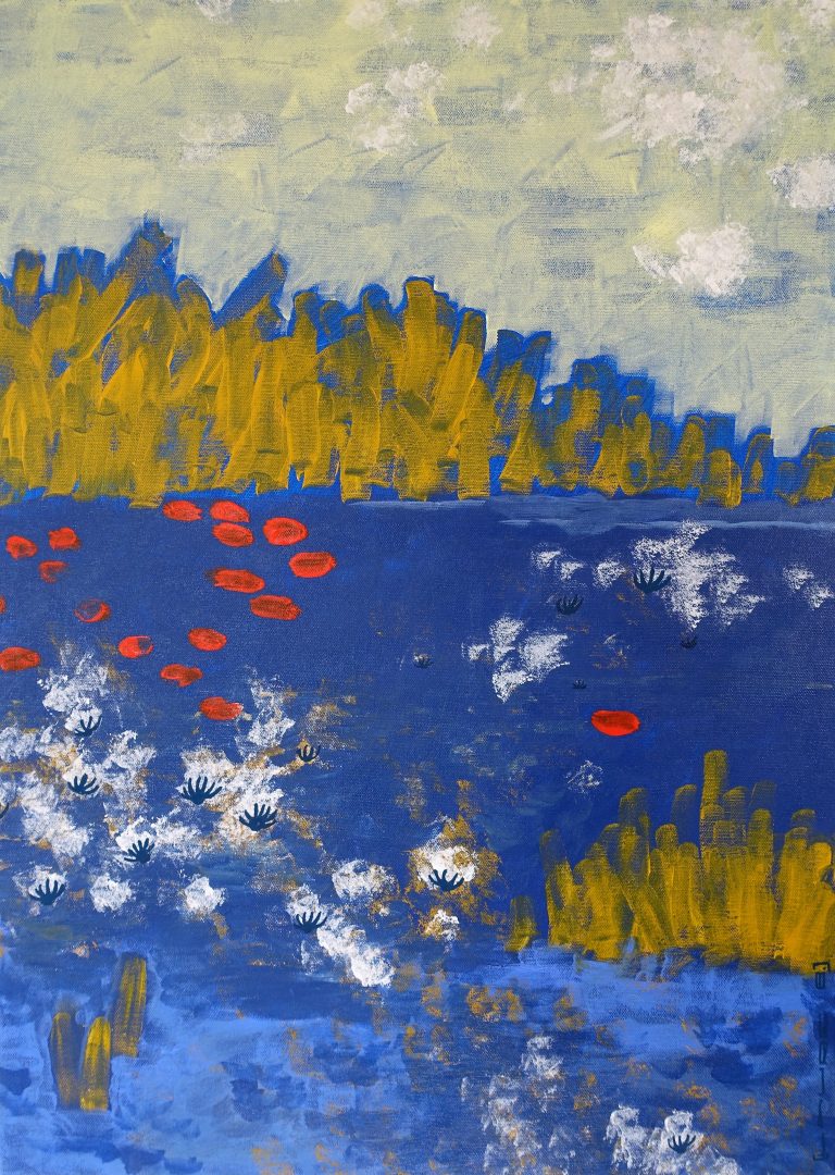 peinture semi-abstraite tons d'ocre jaune, bleu, blanc et rouge vermeil
